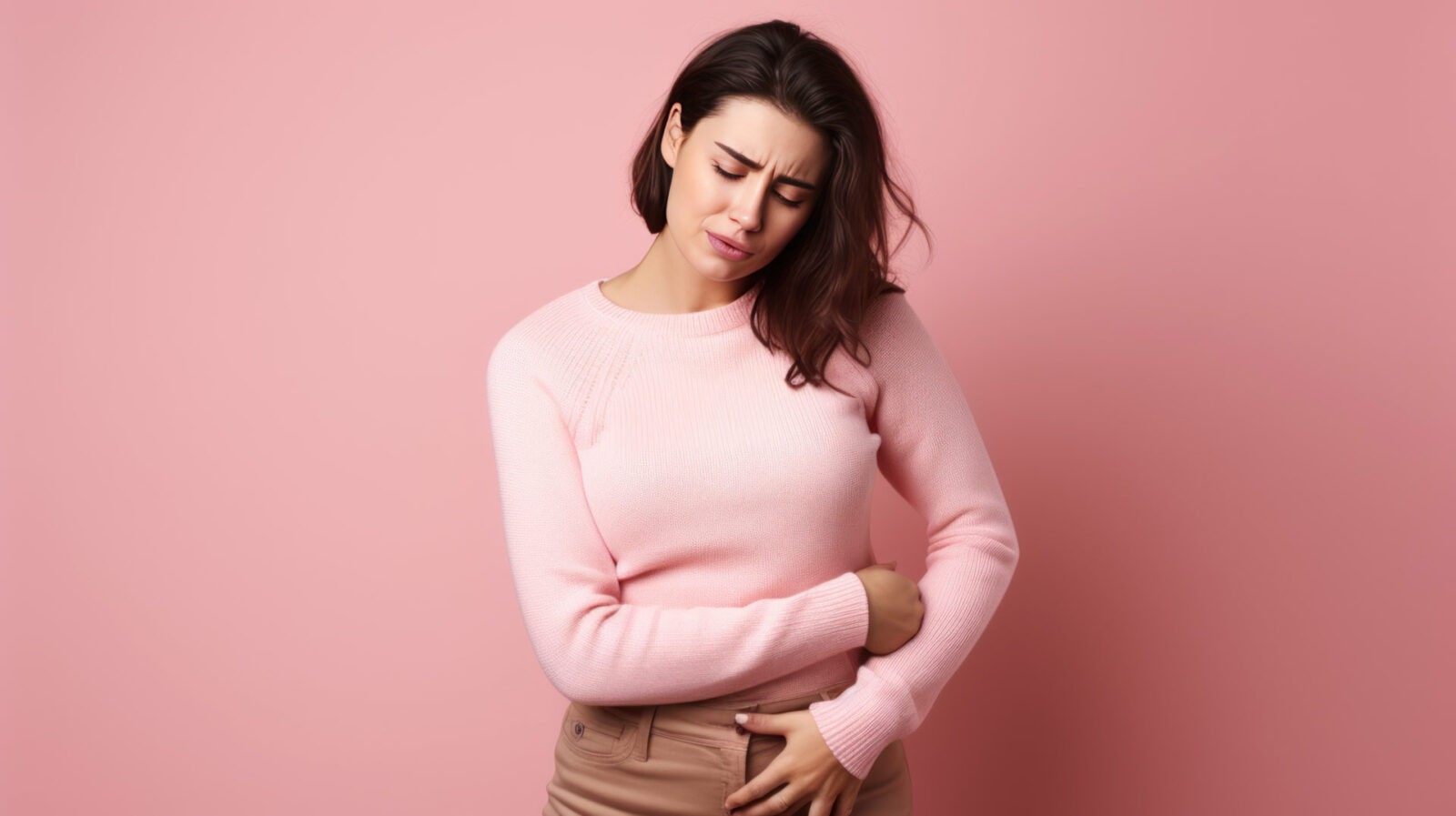 How do i know if i have endometriosis? Young woman with brunette hair suffers from stomach pain.